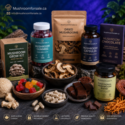 Premium mushroom products in Canada featuring mushroom gummies, capsules, mushroom chocolate, dried mushrooms, grow kits, and functional mushroom supplements.