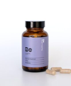 Be Calm model premium wellness supplement container with a secure amber lid