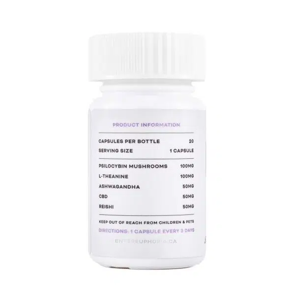 Back of Euphoria brand Brain Capsules two thousand milligram specialty supplement container with a secure lid