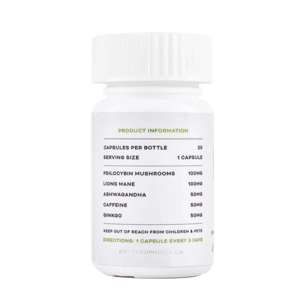 Back of Euphoria brand Focus Capsules two thousand milligram specialty supplement container with a secure lid