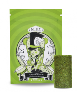 Front view of Alice brand Green Apple flavor two thousand five hundred milligram specialty fruit chew packaging