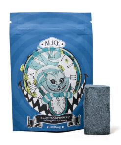 Front view of Alice brand Blue Raspberry flavor one thousand milligram specialty fruit chew packaging